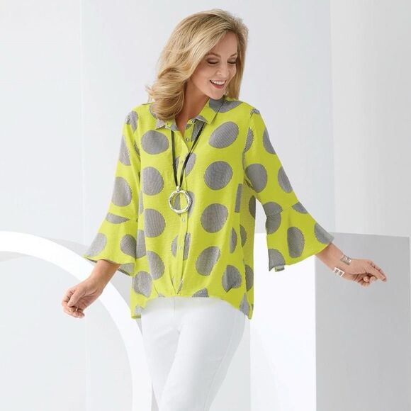 Multiples In The Round Geometric Front Gather Bell Sleeve Button Down Shirt S - Picture 1 of 7